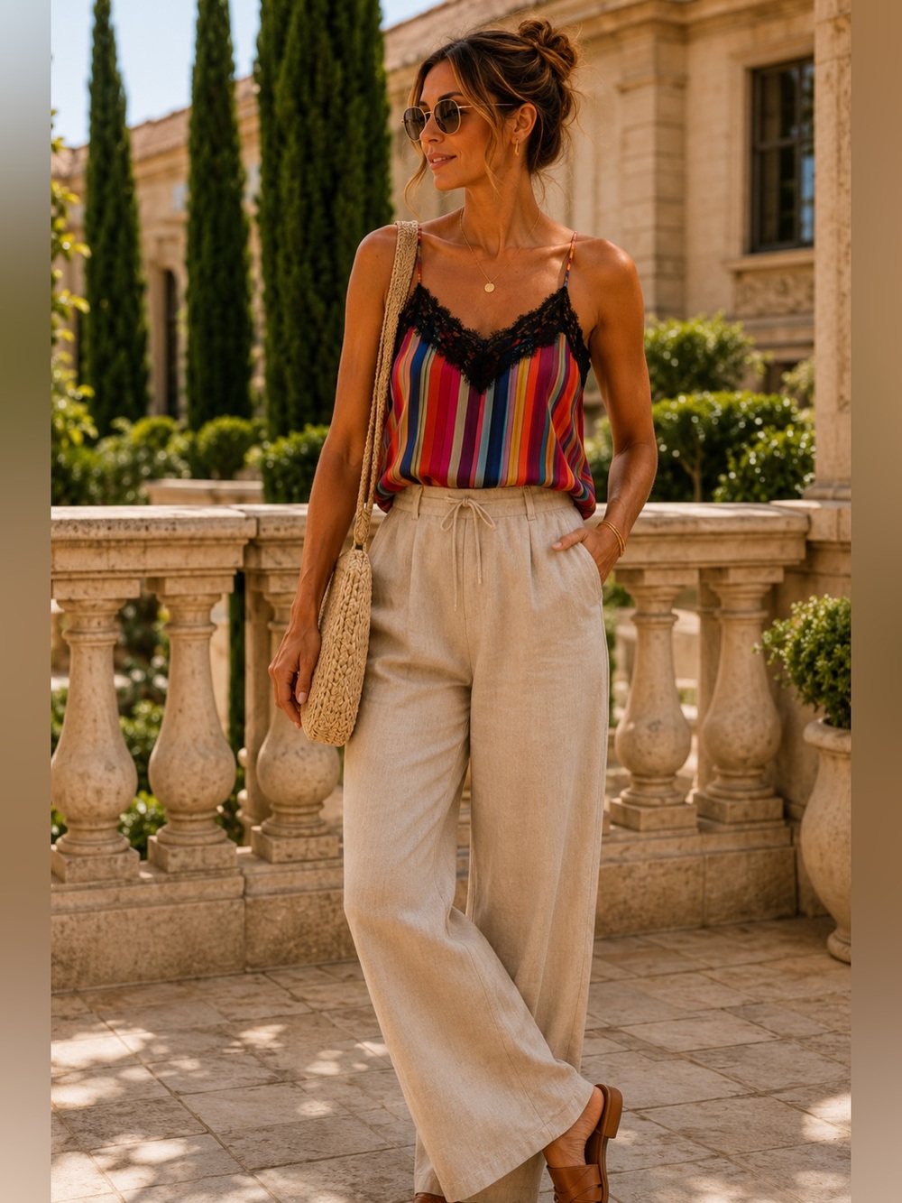 ZARA Rainbow Stripe Lace Trim Camisole | Colorful Resort Chic Cami Tank Top - Picture 6 of 10